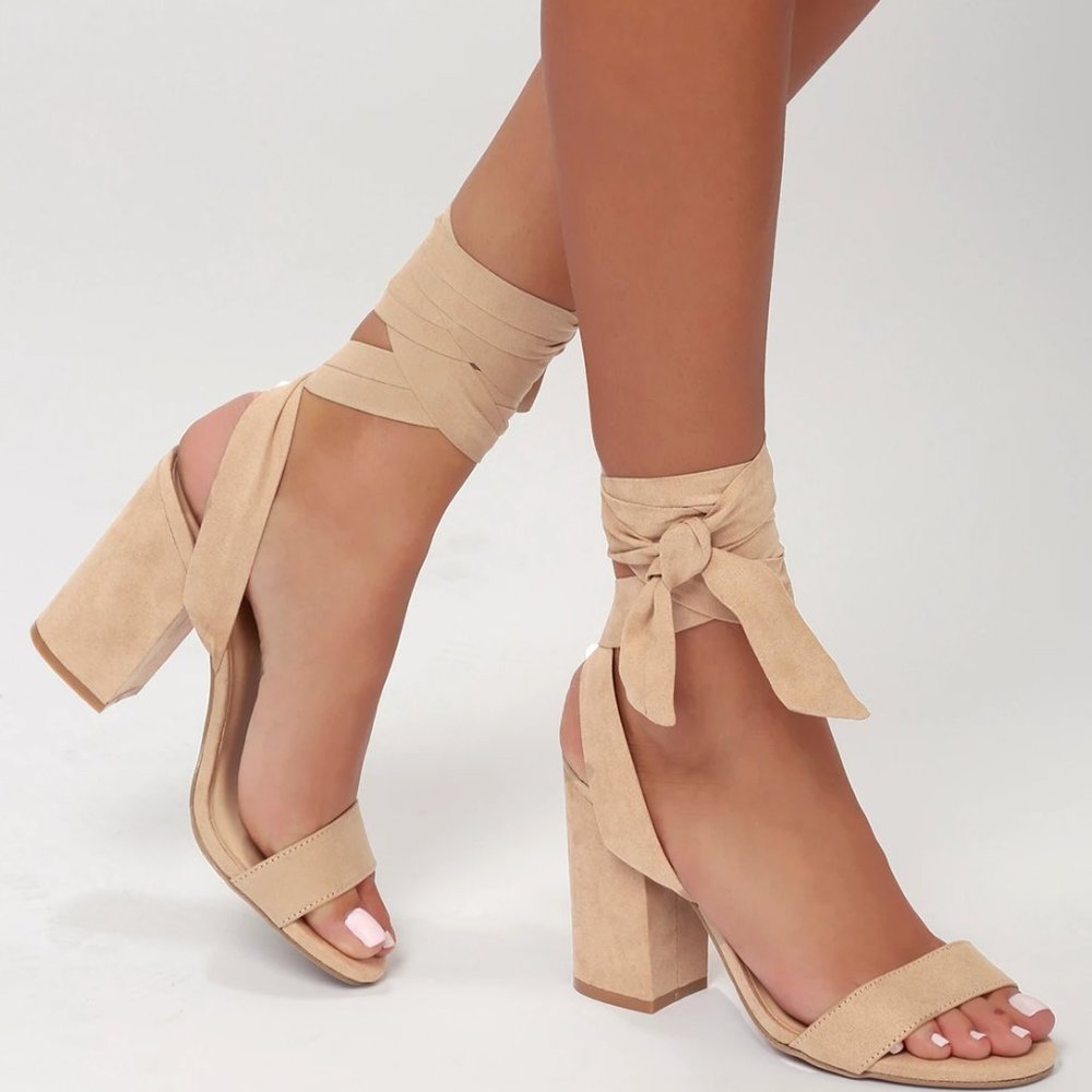 NWT Lulus Alta Light Nude Tan Suede Lace-Up Heels 9
